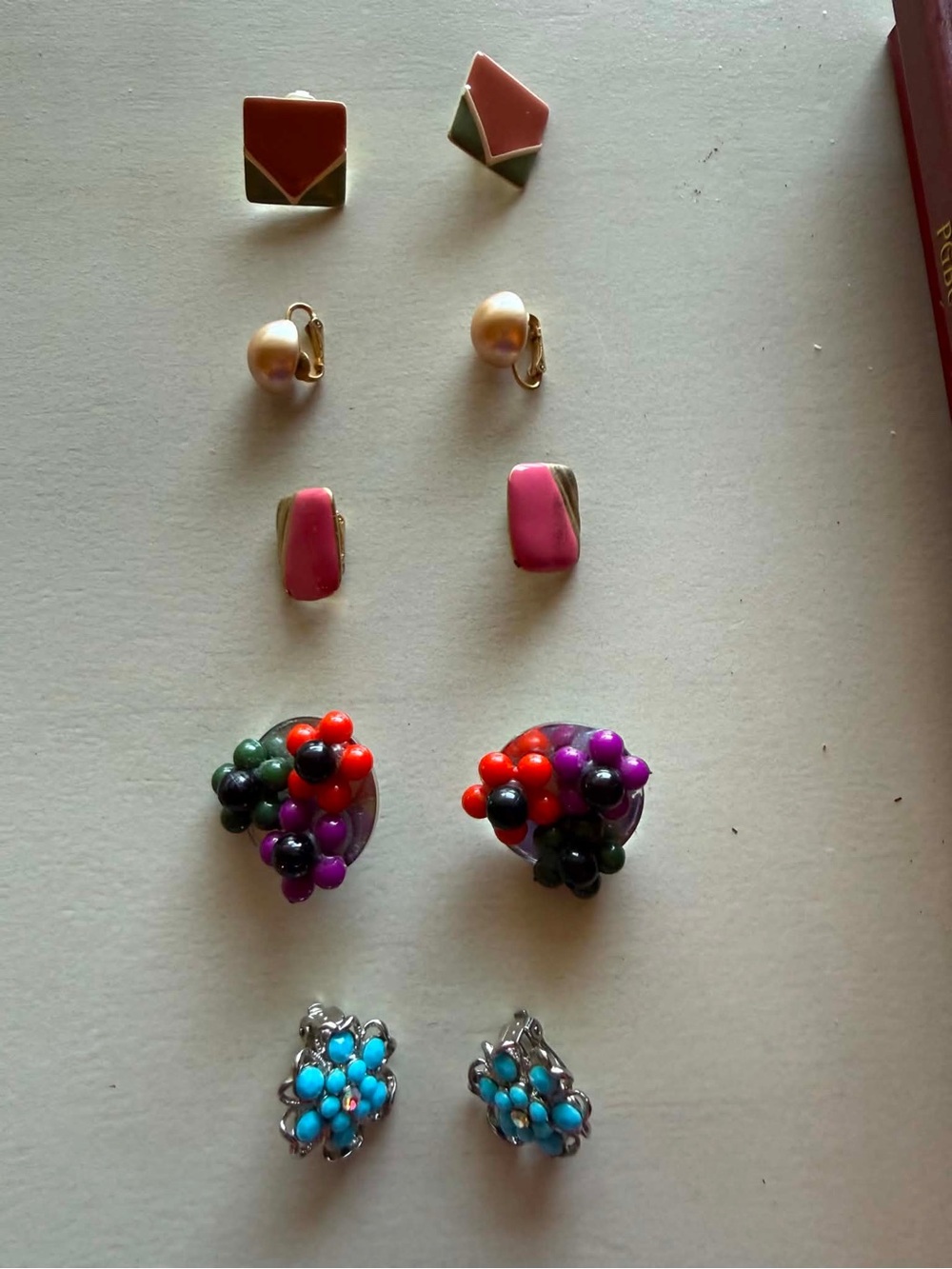 Vintage Mixed lot of 5 Clip-On Earring Lot with Colorful Bead Clusters